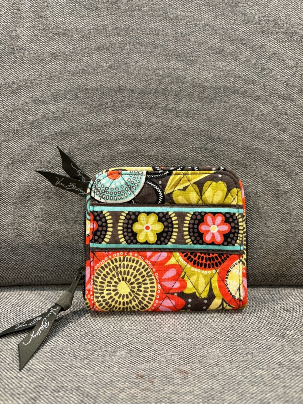 Vera Bradley Flower Shower Quilted Zip Wallet in Turquoise, Brown, Yellow